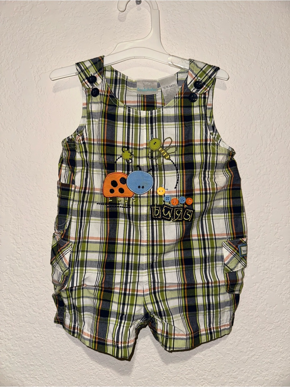 Vintage Koala Baby Green Plaid Toddler Shortalls with Bugs Embroidery 6-9 Months
